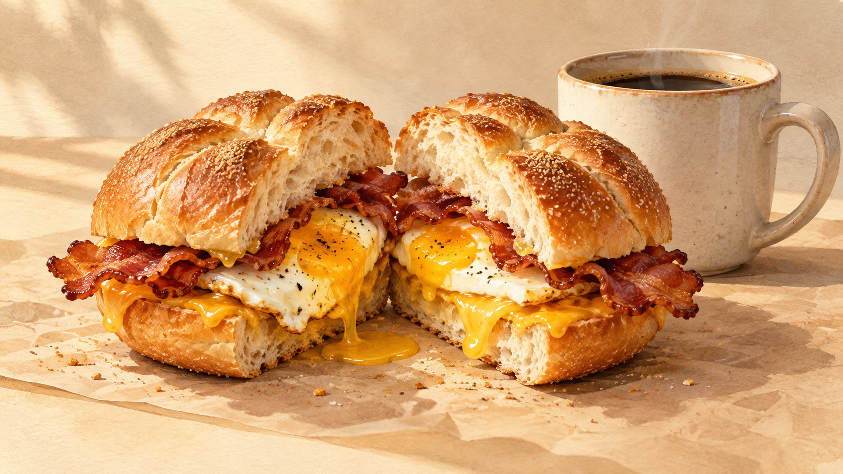 Illustration of a bacon egg and cheese sandwich on a golden roll with coffee in morning light