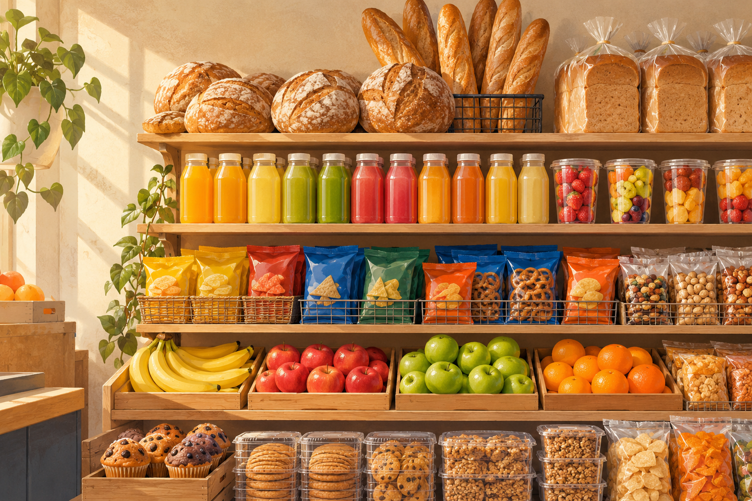 Illustration of a corner store grocery shelf with bread, juice, and snacks in morning light